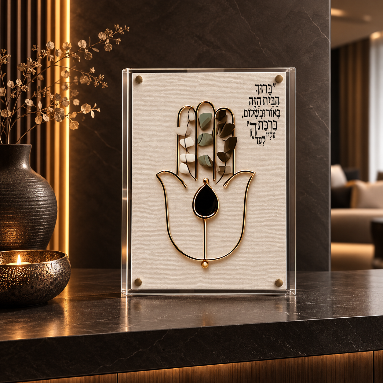 ברכת הבית בעיצוב Fine Art עם חמסה בגווני זהב שמנת וירוק