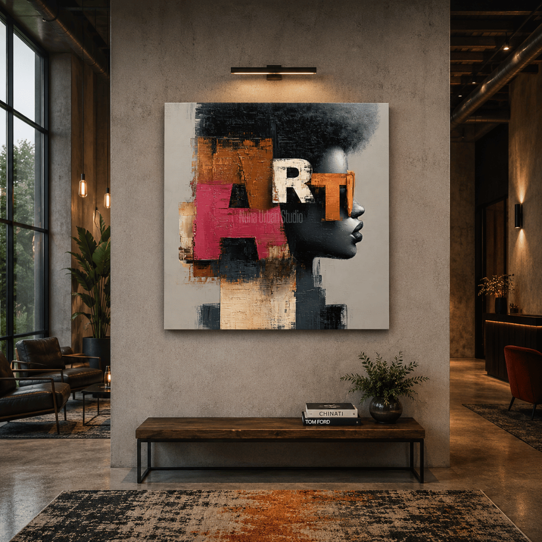 יצירת ART WITHIN עם פרופיל נשי וטקסטורות בגוני כתום ורוד ושחור