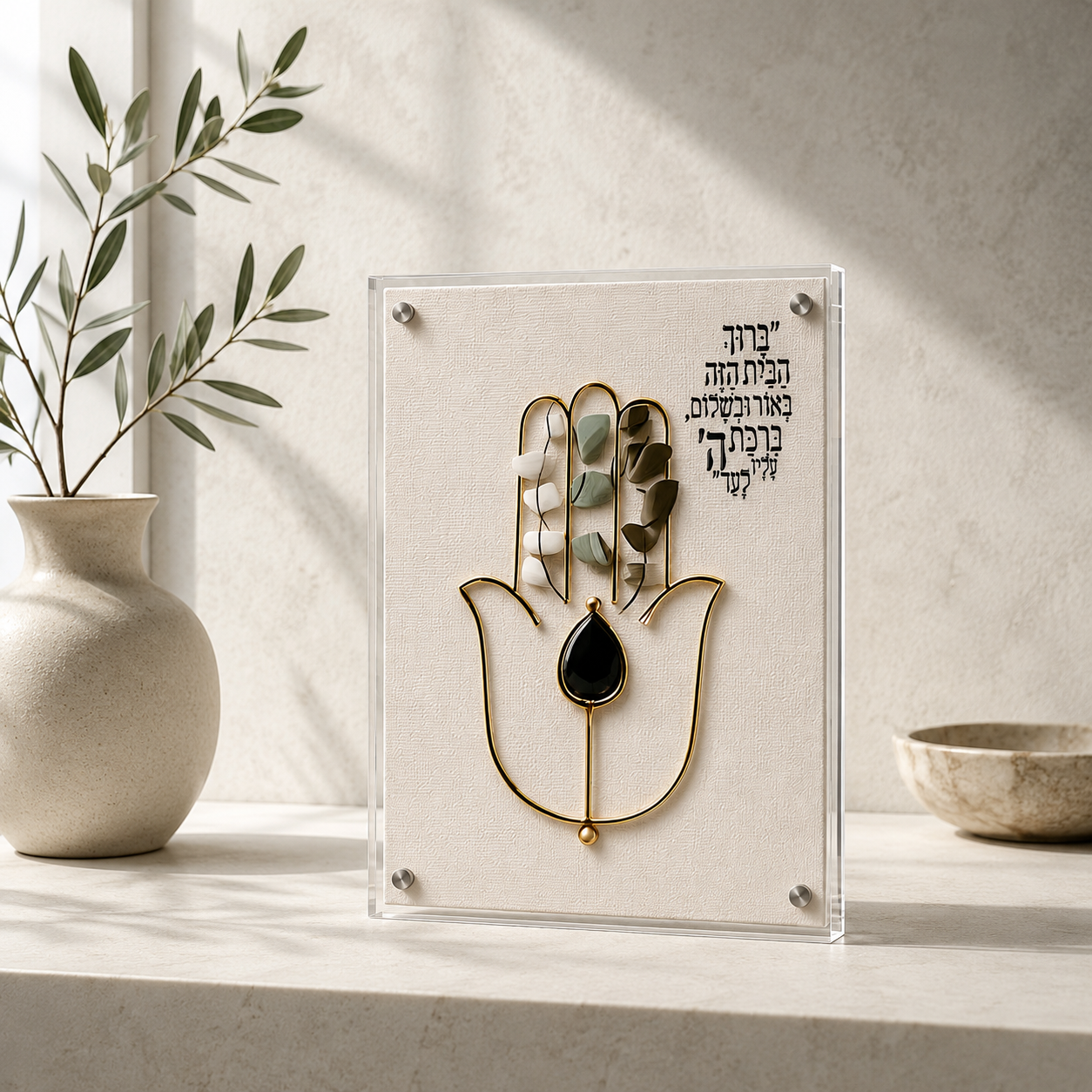 ברכת הבית בעיצוב Fine Art עם חמסה בגווני זהב שמנת וירוק