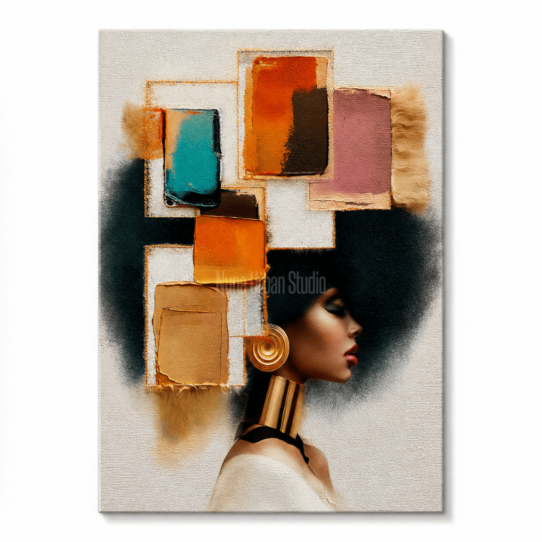 BOLD MUSE יצירת Fashion Art עכשווית עם דיוקן נשי וצורות אבסטרקטיות צבעוניות