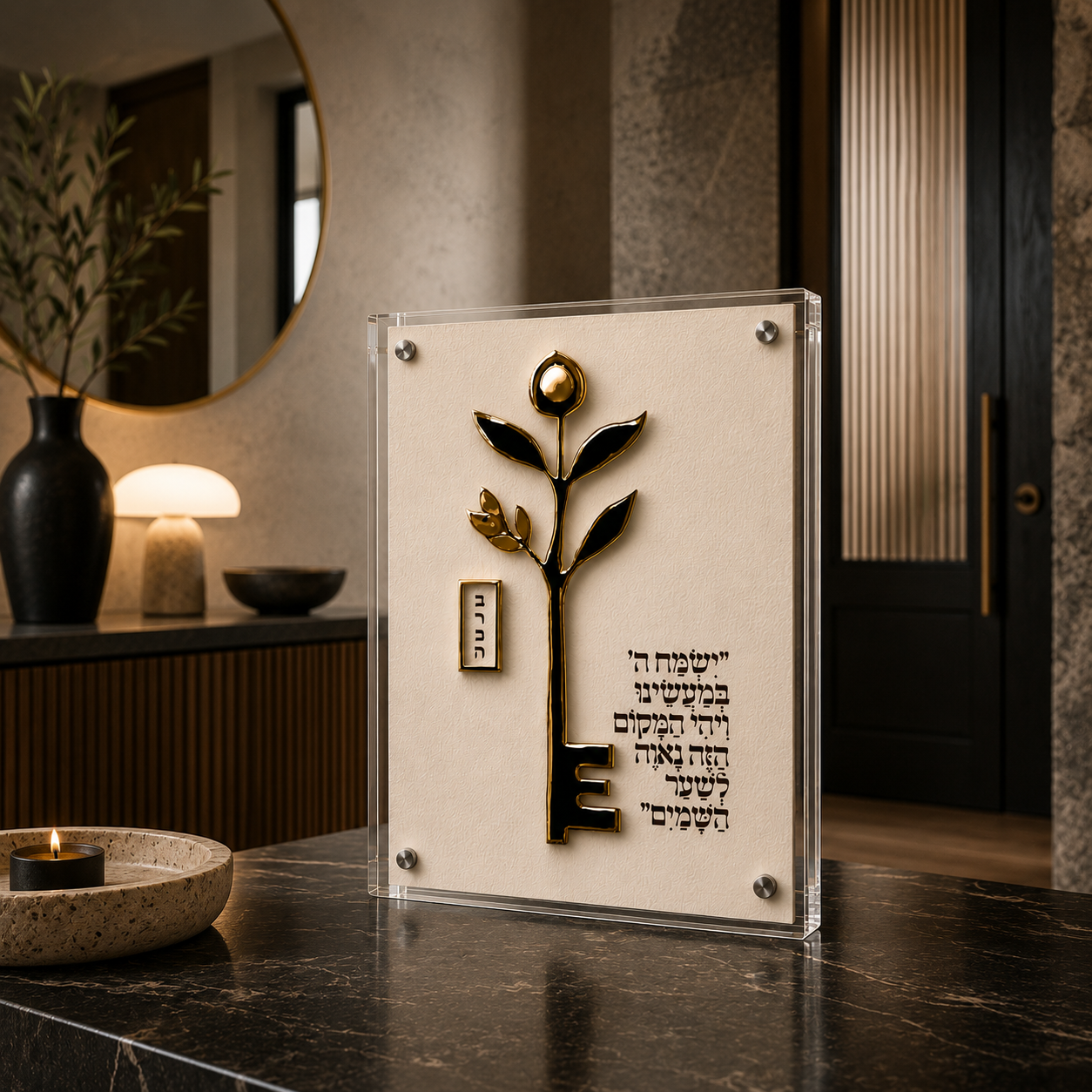 קריסטל בלוק ברכת העסק עם מפתח בעיצוב תלת ממדי בגווני שחור וזהב