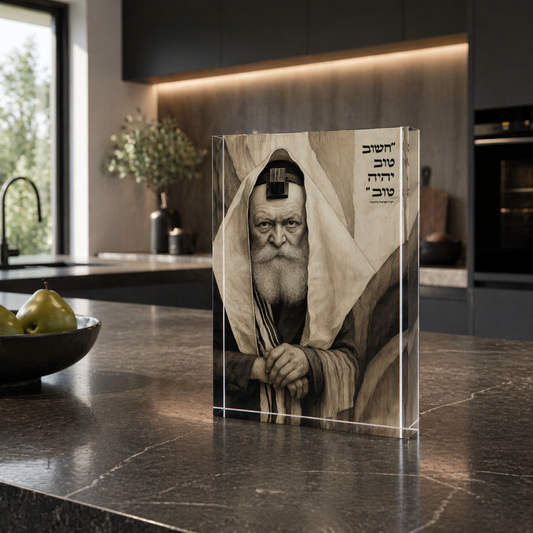 Dekudsha acrylic block art of the Lubavitcher Rebbe – spiritual Jewish wall decor with depth and presence