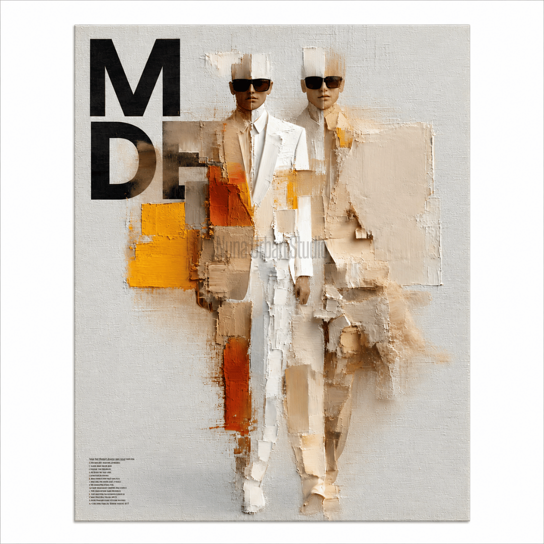 DUAL MODE יצירת Fashion Art עכשווית עם שתי דמויות בחליפות בהירות ומשקפיים שחורים