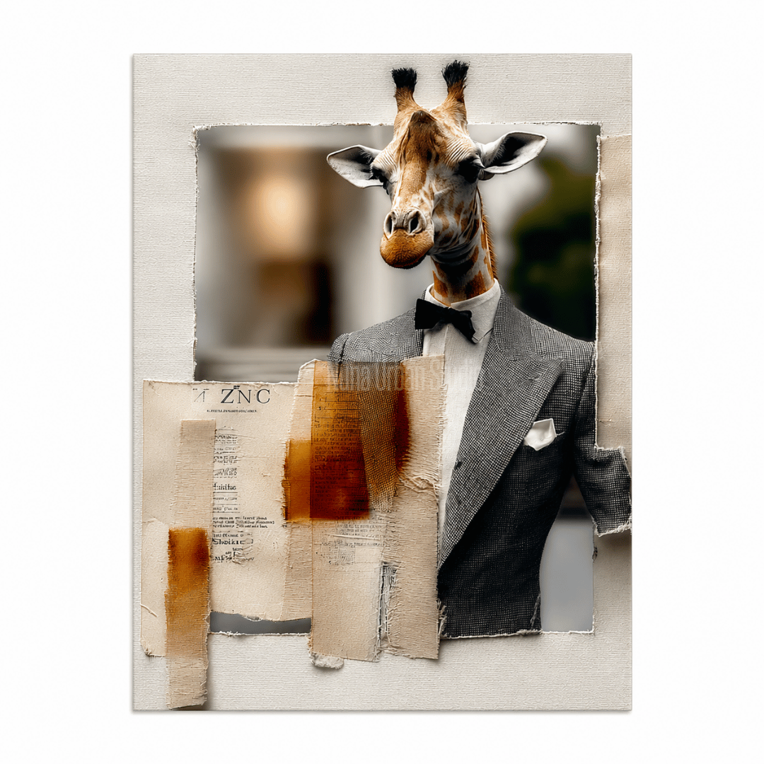 ALL ORDER יצירת Mixed Media עכשווית עם ג'ירפה בחליפה ופפיון שחור