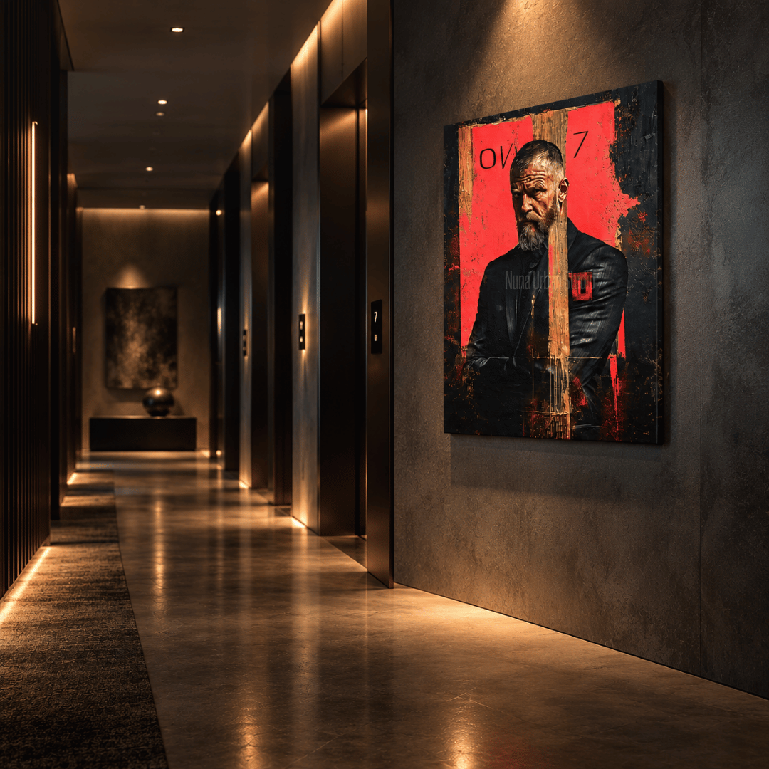 Urban mixed media artwork featuring a male figure in red and black tones – Nuna Gallery