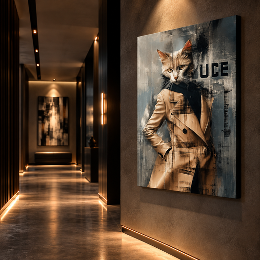 Contemporary mixed media artwork featuring a stylish cat in an urban fashion portrait – Nuna Gallery
