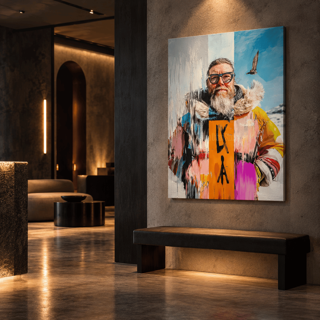 Colorful urban mixed media artwork featuring a stylish bearded man – Nuna Gallery