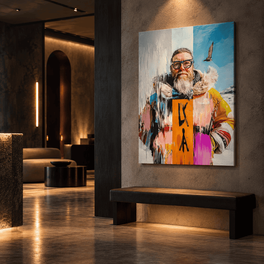 Colorful urban mixed media artwork featuring a stylish bearded man – Nuna Gallery