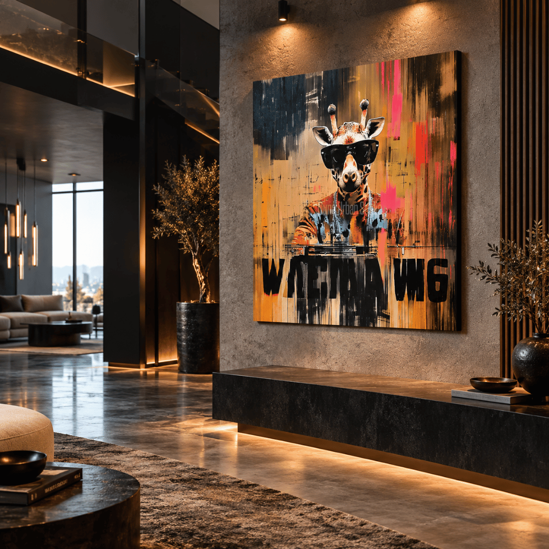 Colorful urban mixed media artwork featuring a stylish giraffe with sunglasses – Nuna Gallery