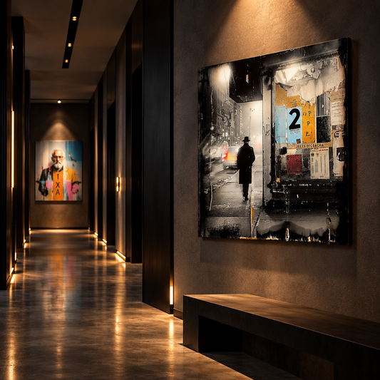 Urban mixed media street artwork with layered typography and city photography – Nuna Gallery