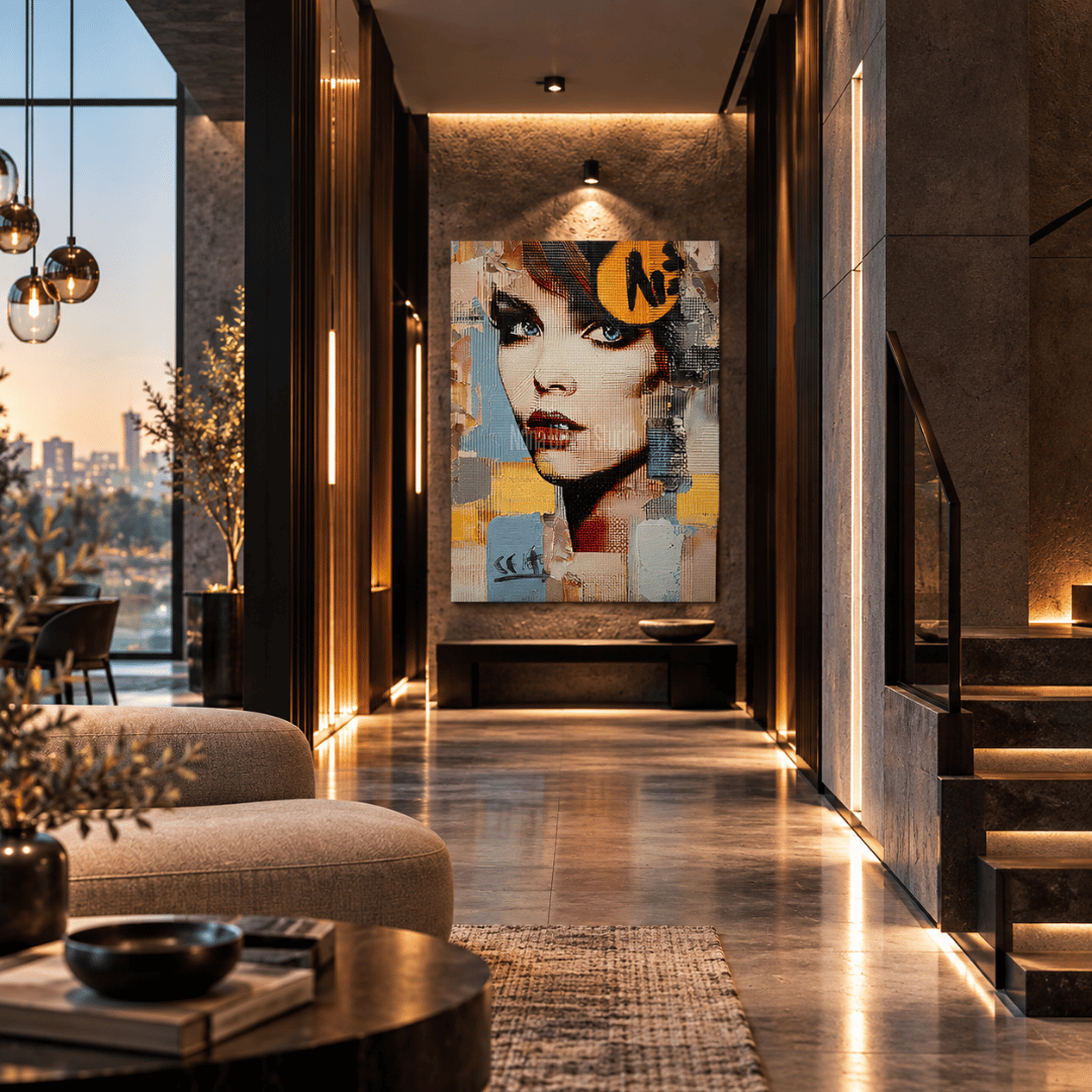 Contemporary mixed media artwork featuring a stylish woman portrait with urban textures – Nuna Gallery