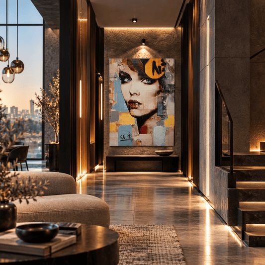 Contemporary mixed media artwork featuring a stylish woman portrait with urban textures – Nuna Gallery